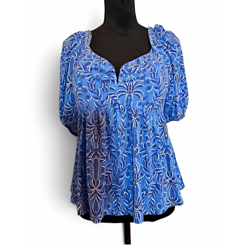 Lilly Pulitzer Blue White Floral Smocked Puff Sleeve Peplum Square Neck Blouse L